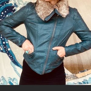 Teal faux leather fitted biker jacket fur collar